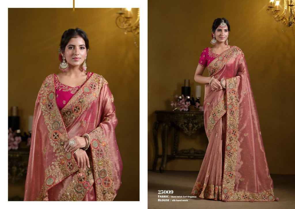 Peach Zari Organza Silk Pure Khatli work Designer Saree With Blouse. - Rajasvi