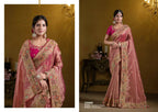 Peach Zari Organza Silk Pure Khatli work Designer Saree With Blouse. - Rajasvi