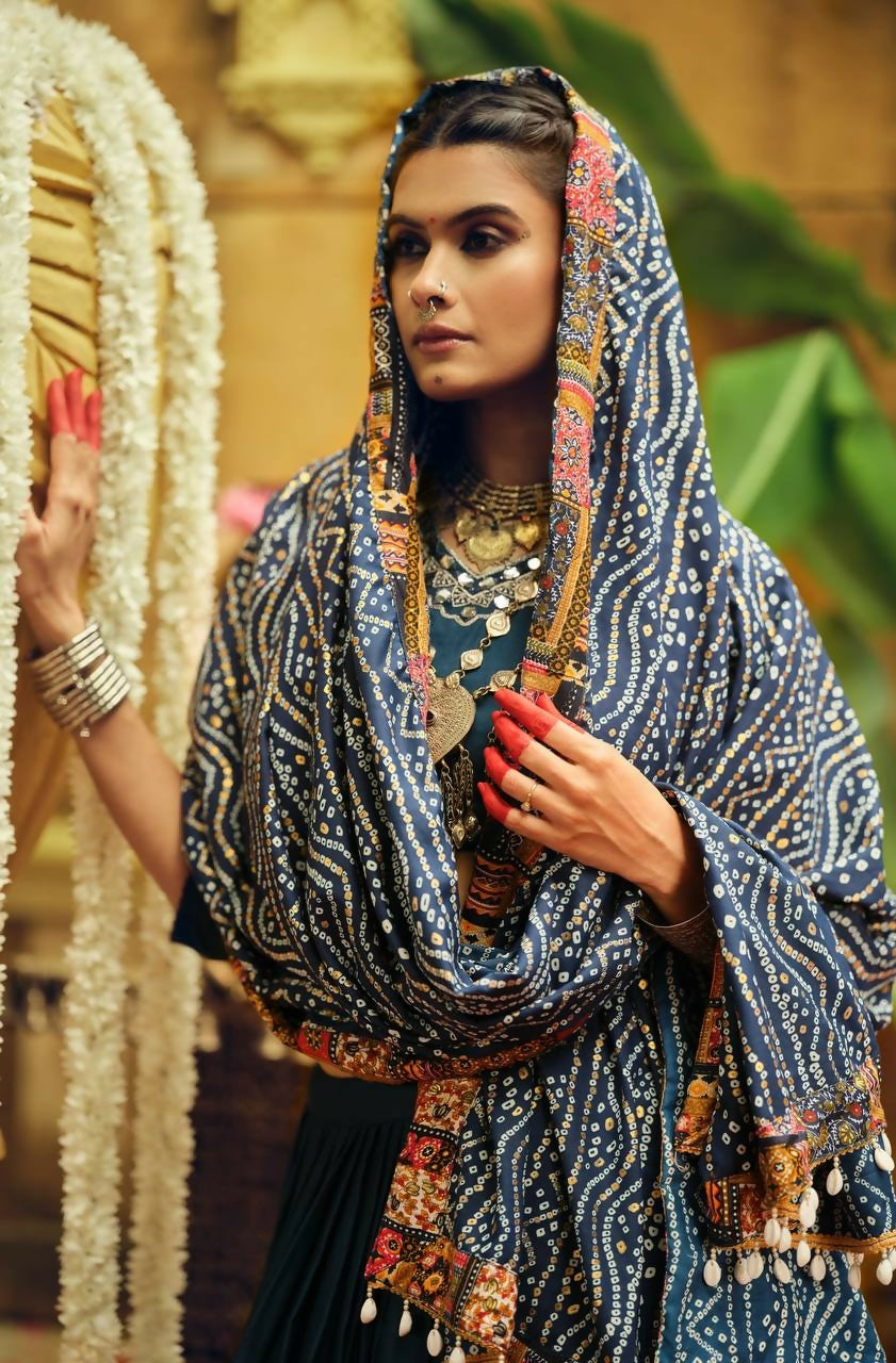 Teeya Creation Teal Colour Rayon Silk Digital Print Fully Stitched Navratri Lehenga