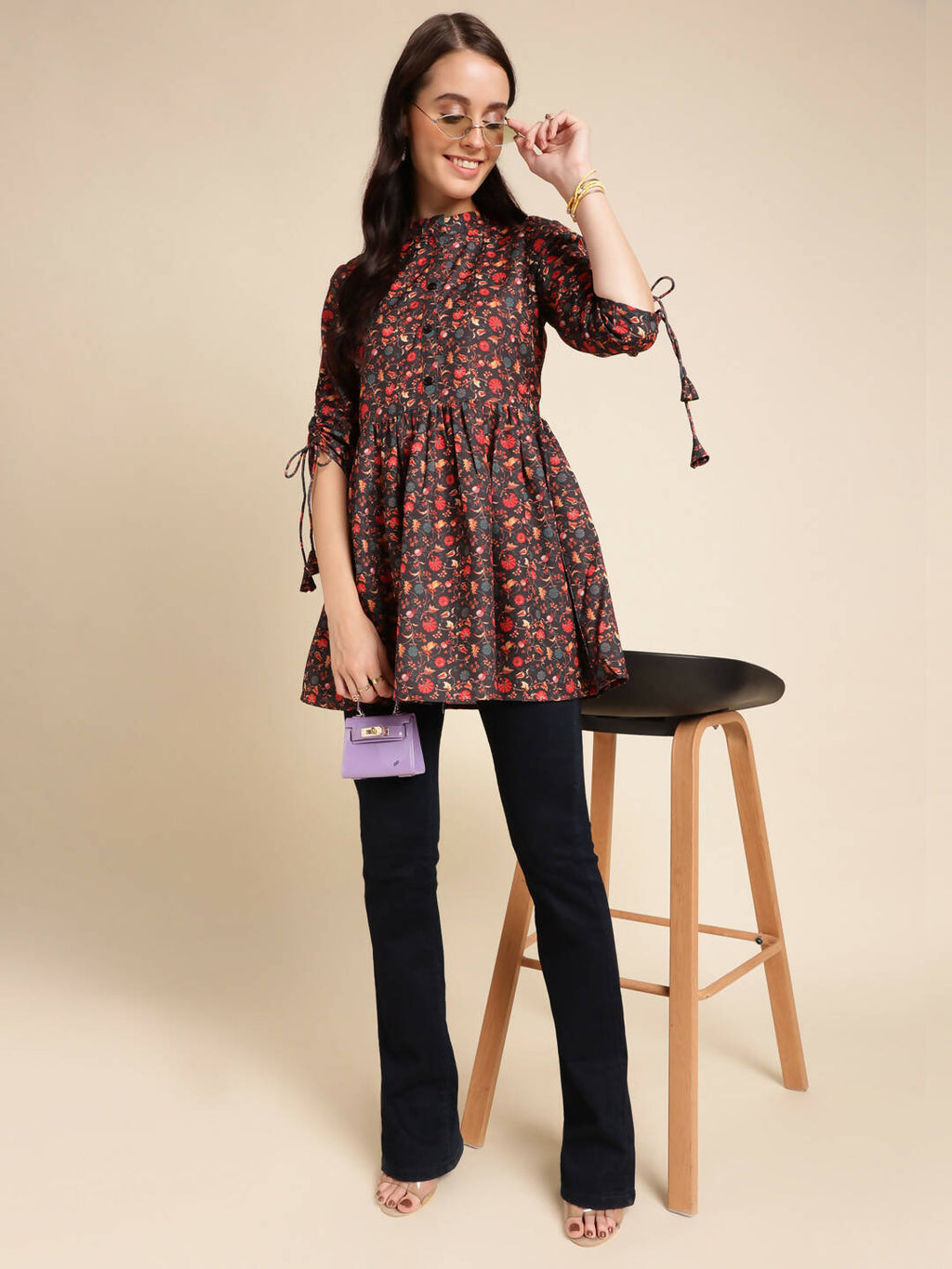 Black Poly Rayon Digital Printed A-line Top - Tarini