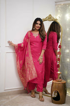 The52 Gajri Women's Gorgeous Embroidered Viscose Chanderi Fabric Straight Kurta Pant with Dupatta Set - Distacart