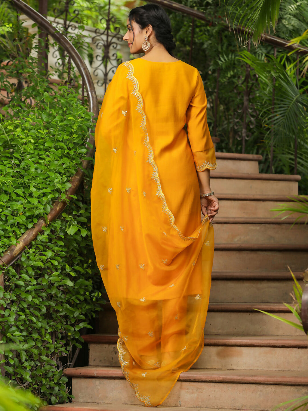 Janasya Mustard Silk Blend Embroidered Kurta,Bottom & Dupatta