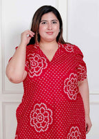 Miravan Plus Size Womens Red Bandhani Printed Collar Neck Maxi Dress - Distacart