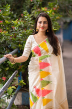 Cream Polycotton Woven Design Saree with Unstitched Blouse - A2M - Distacart