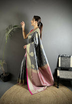 Joban Fashion Grey Woven Butti Soft Silk Banarasi Silk Saree - Distacart