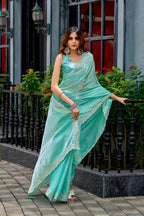 Vastranavya Turquoise Embroidery Work Shimmer Chiffon Saree with Unstitched Blouse - Distacart