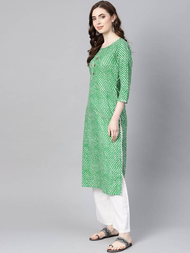 Yufta Women Green & Off-White Leheriya Dyed Straight Kurta