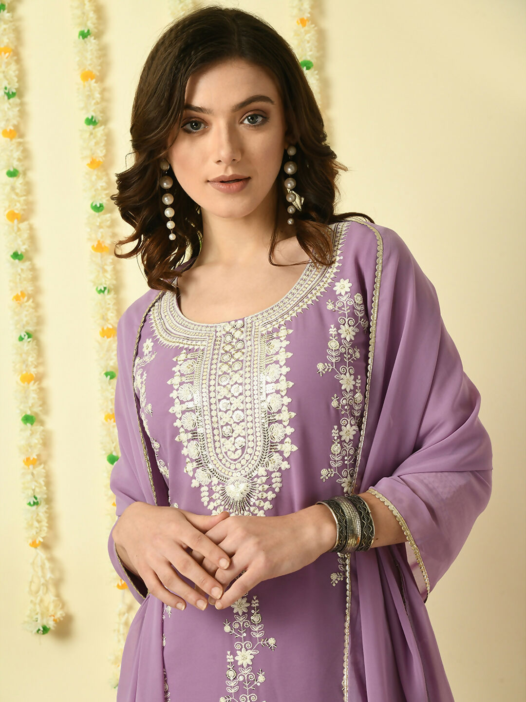 Myshka Women's Purple Georgette Kurta & Skirt With Dupatta Party Sets