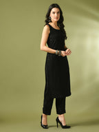 Myshka Women's Black Embroidered Cotton Straight Party Kurta Set