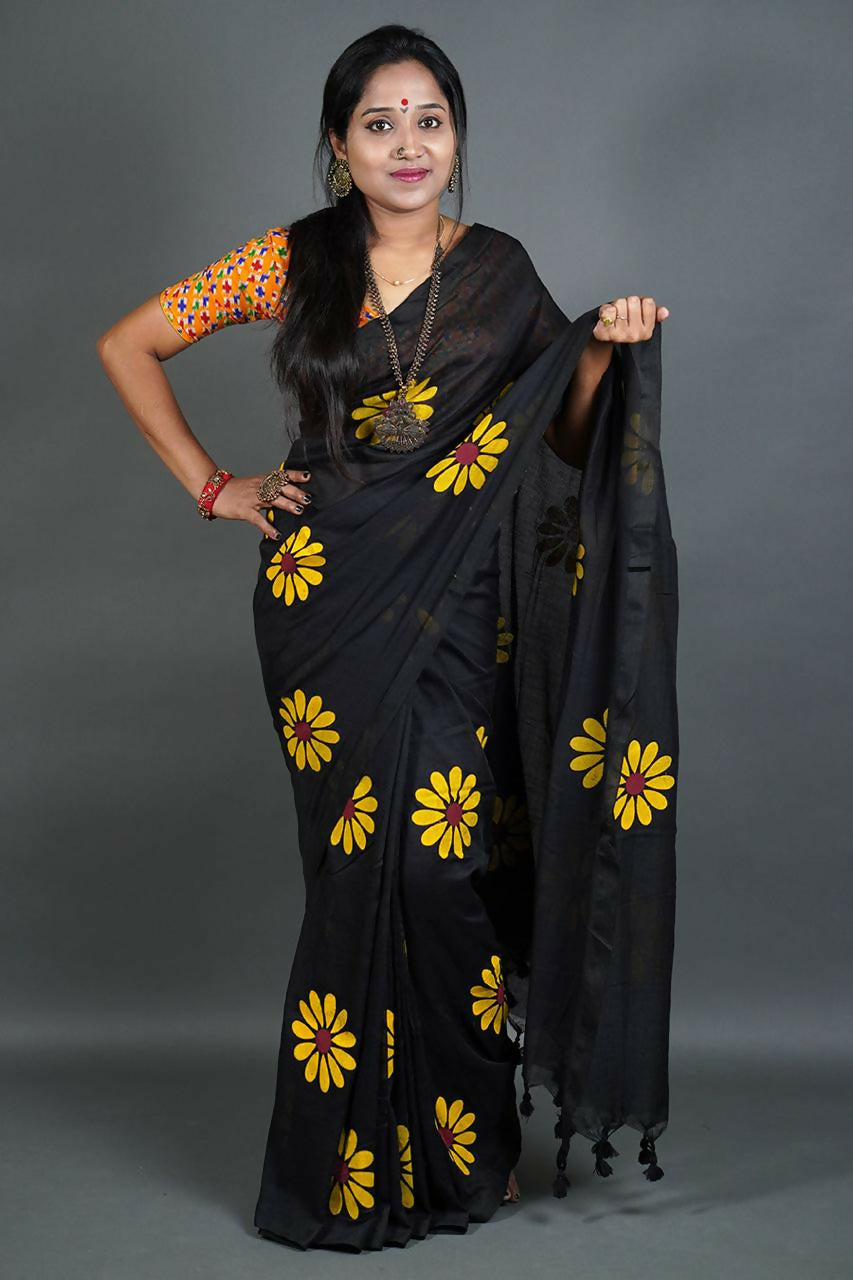 Exclusive Collection Black Pure Cotton Saree With Sunflower Design - Distacart