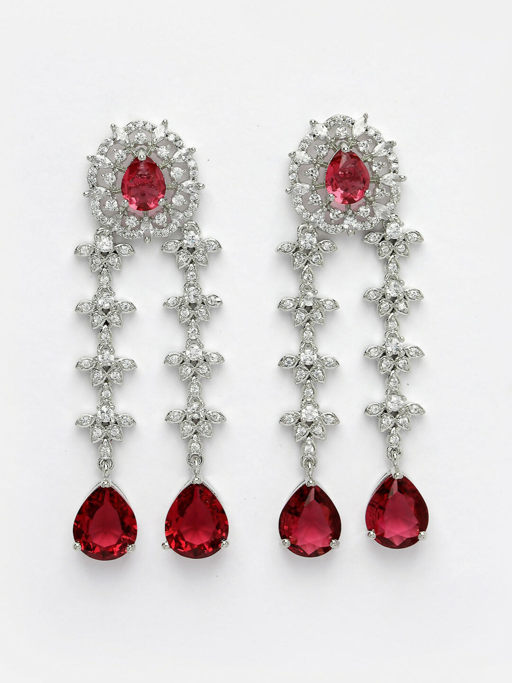 NVR Women's Silver-Plated Red CZ-Studded Handcrafted Jewellery Set