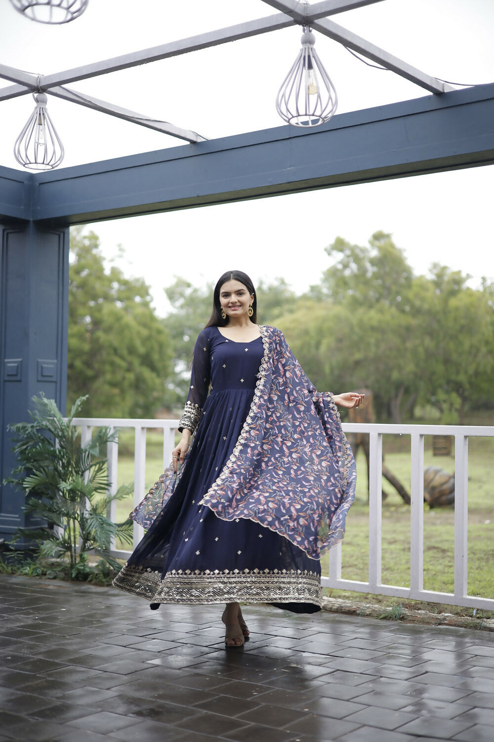 Aayaa Designer Embroidery Zari Sequins-Work Faux Blooming Georgette Suit - Navy Blue - Distacart