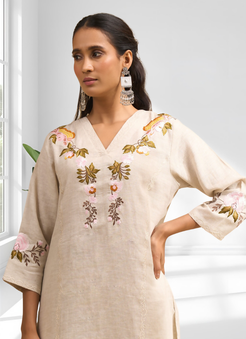 Joban Fashion Beige Linen Embroidered Readymade Long Kurta With Pant - Distacart
