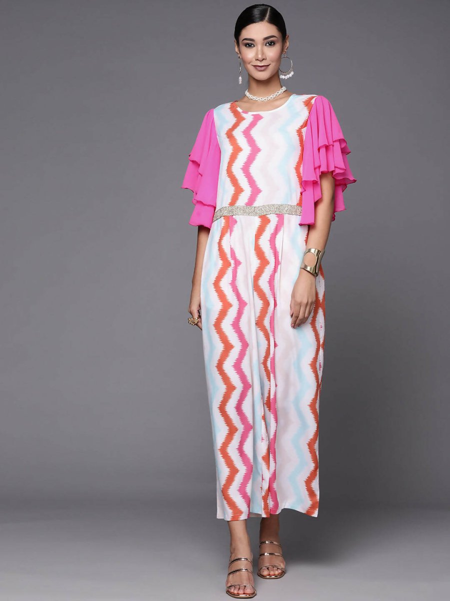 Ahalyaa White & Pink Zig Zag Striped Basic Jumpsuit - Distacart