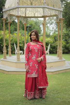 Vastranavya Premium Designer Printed With Sequins & Thread Embroidered work Kurti Palazzo & Dupatta - Red