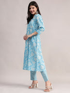 Aavyora Women's Sky Blue Floral Printed A-Line Kurta with Pintucks, Striped Pants & Dupatta Set