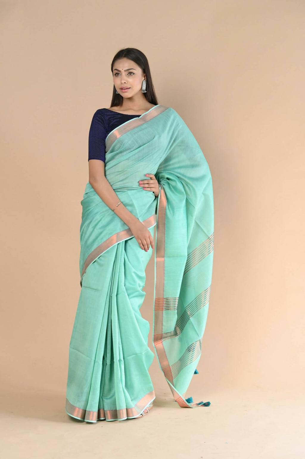 Very Much Indian Handloom Cotton Silk Maheshwari Saree With Sleek Golden Border - Teal Green