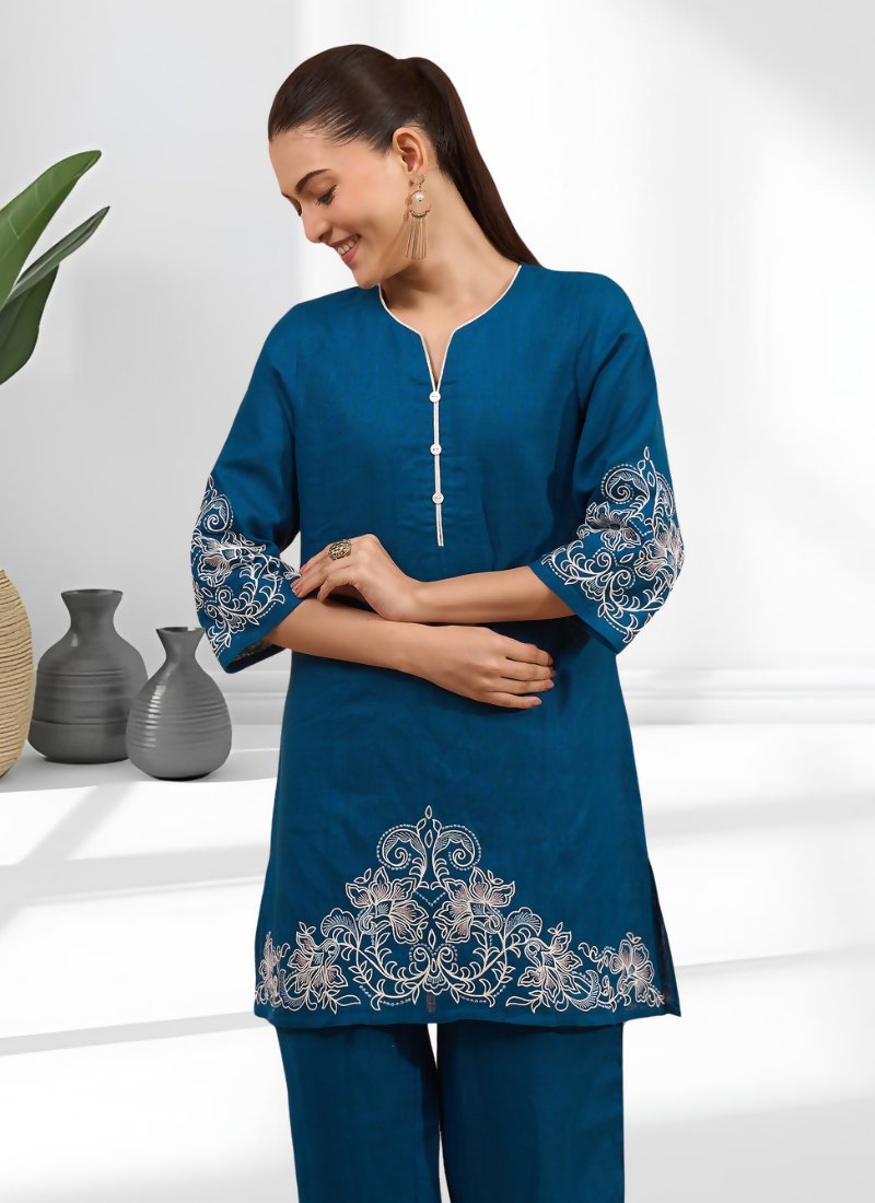 Joban Fashion Teal Linen Embroidered Readymade Cord Set - Distacart