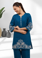 Joban Fashion Teal Linen Embroidered Readymade Cord Set - Distacart