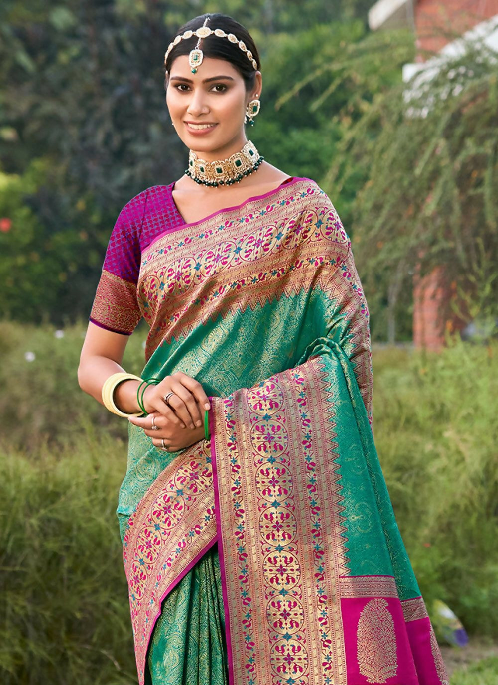 Shree Shyam Fashion Rama Green Banarasi Silk Saree - Distacart