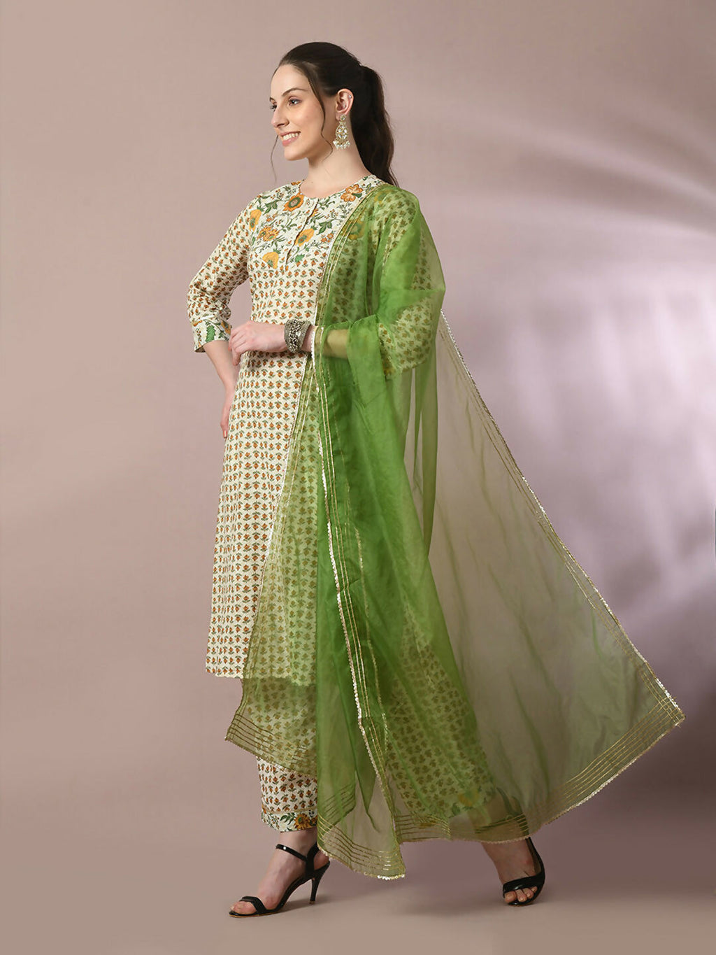 Myshka Women's Multi Printed Cotton Straight Party Kurta Set With Dupatta