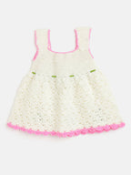 Chutput Kids Woollen Hand Knitted Full Sleeves Cardigan With Short Sleeves Flower Work Dress For Baby Girls - Cream