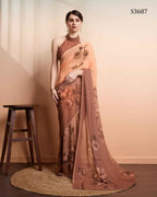 Brown Georgette Designer Printed Party Wear Saree - Cinderella