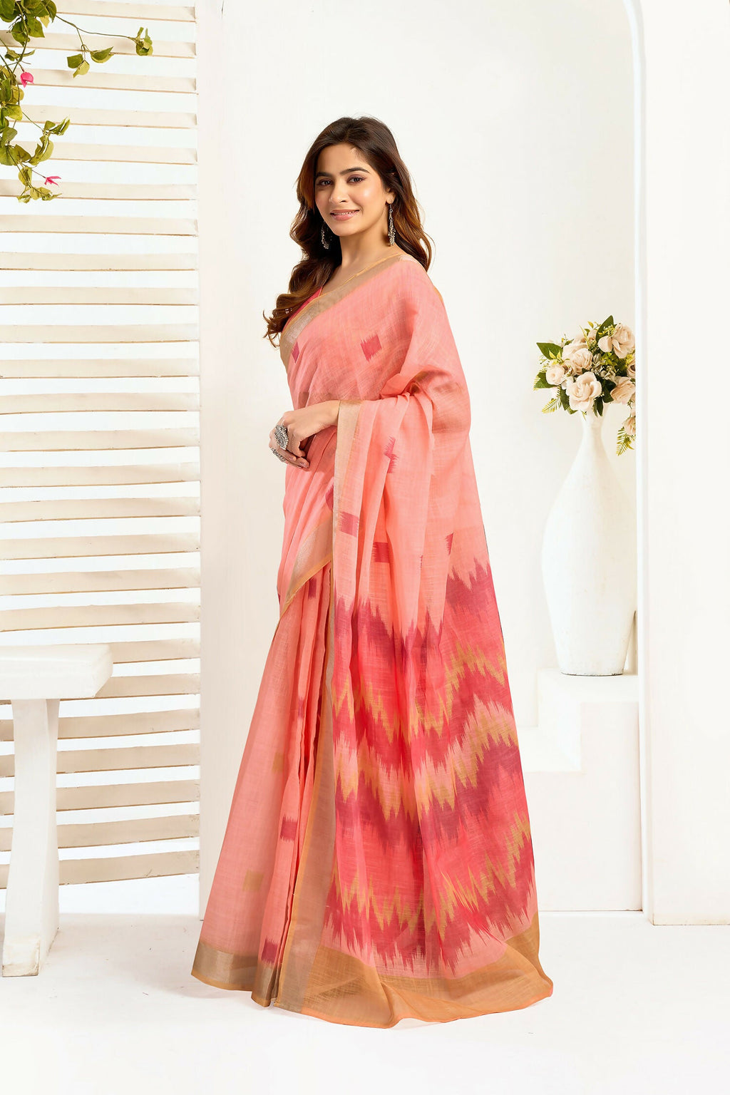 Joban Fashion Peach Ikkat Linen Ready To Wear Saree With Unstitched Blouse - Distacart