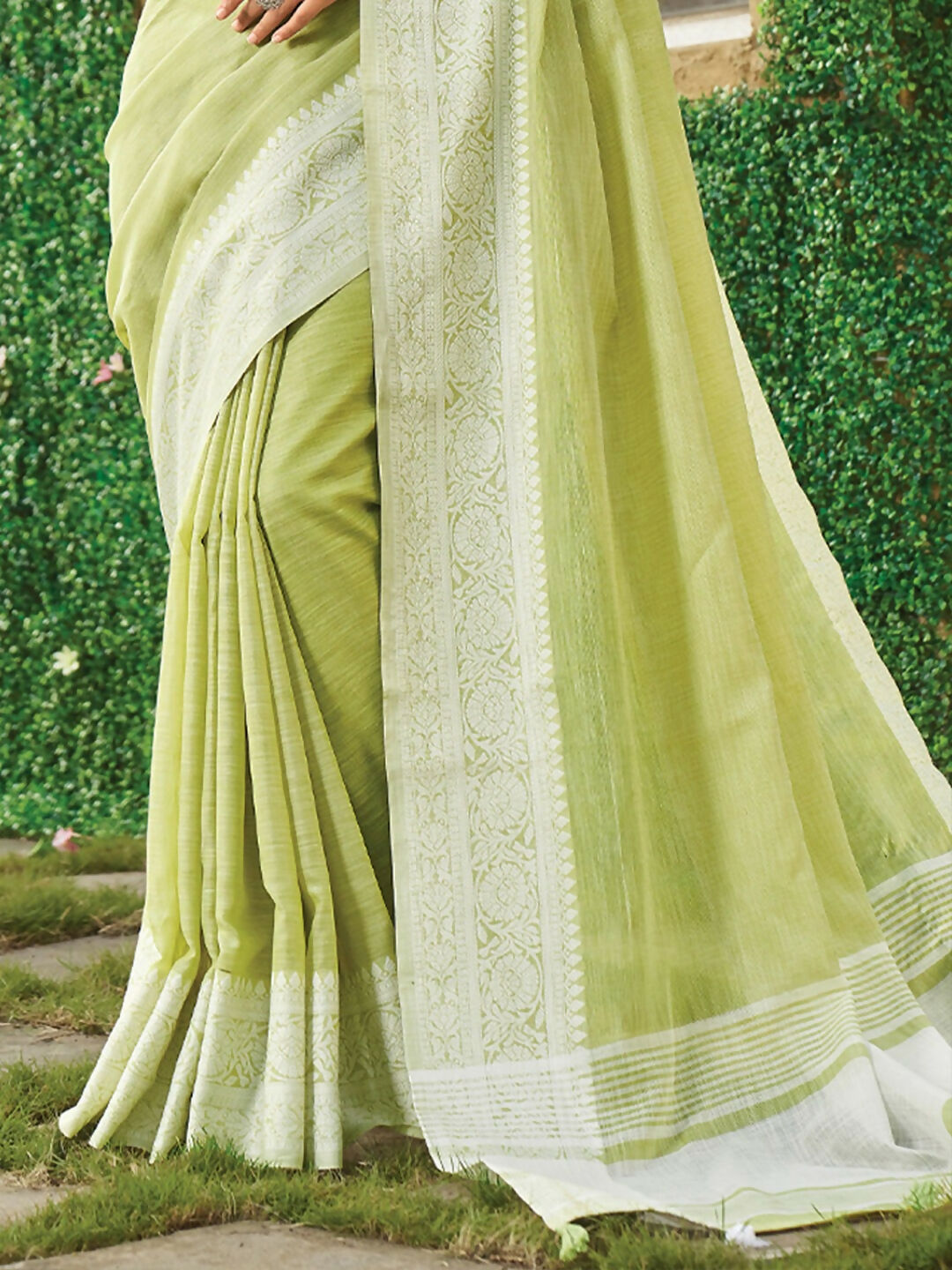 Shree Shyam Fashion Lime Green Linen Saree - Distacart