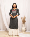 FIORRA Women's Floral Printed Black Cotton Straight Kurta