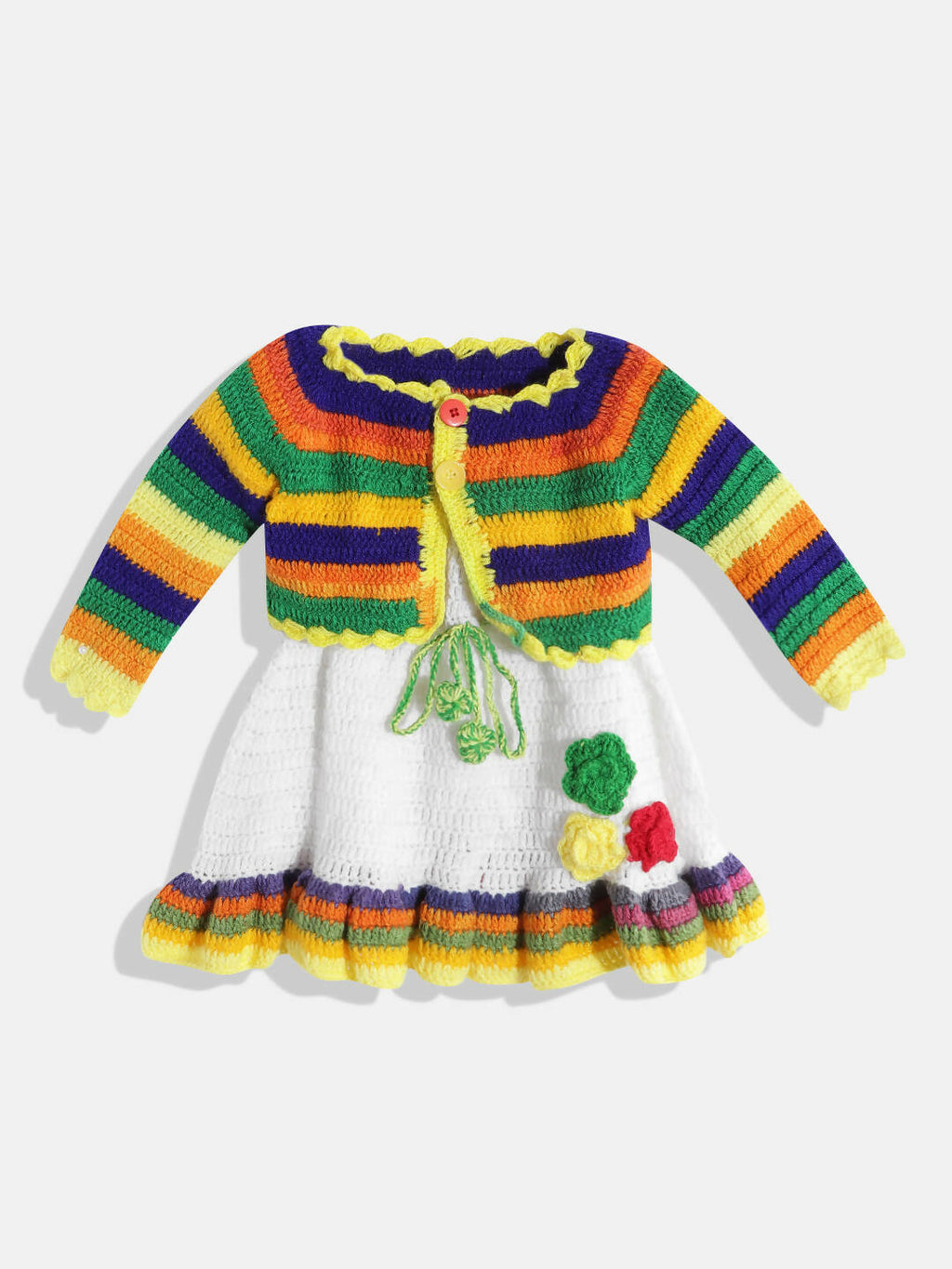 Chutput Kids Woollen Hand Knitted Full Sleeves Cardigan With Short Sleeves Flower Work Dress For Baby Girls - White
