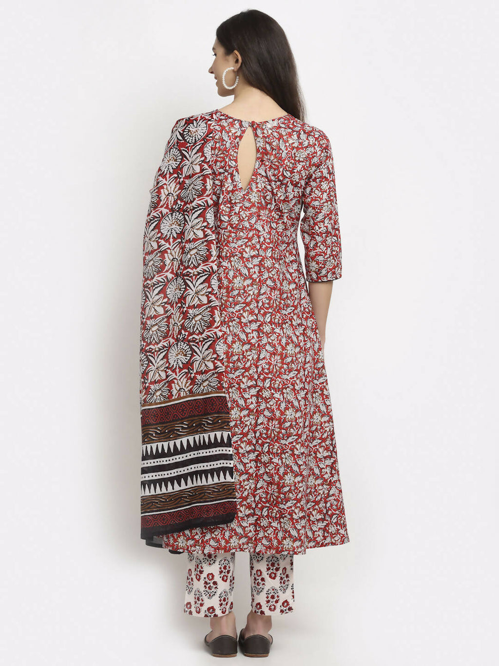 Rudra Bazaar Leaf Printed Anarkali Red Suit Set With Dupatta - Distacart