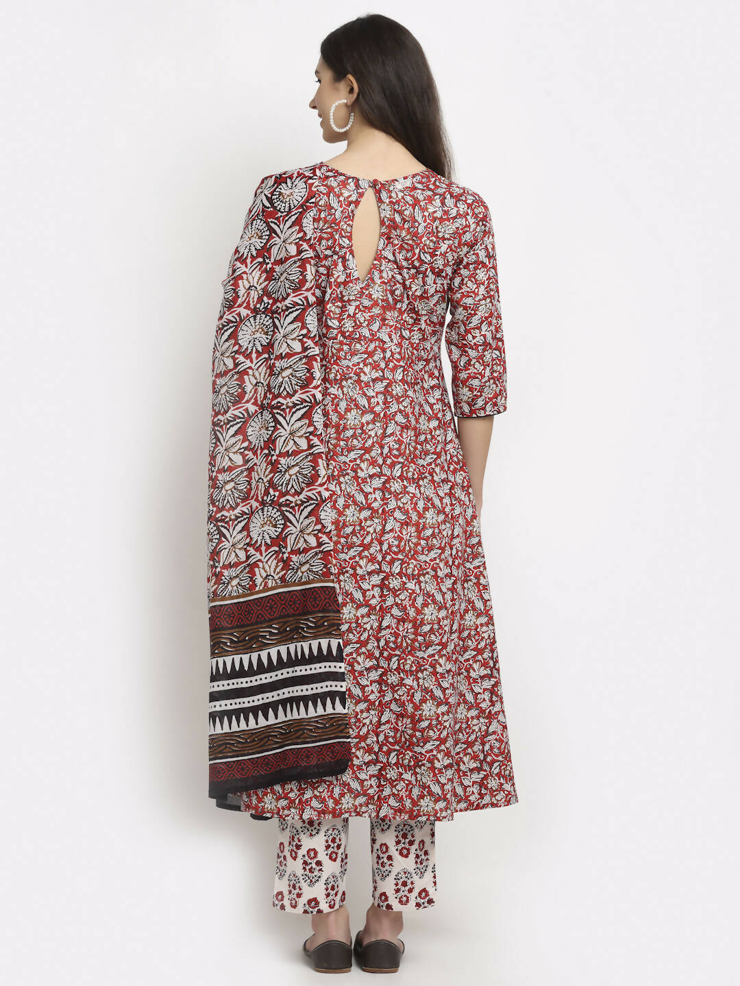 Rudra Bazaar Leaf Printed Anarkali Red Suit Set With Dupatta - Distacart