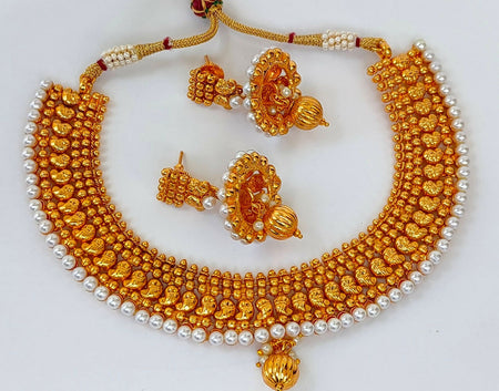 Metallic Mango Necklace Set With White Beads