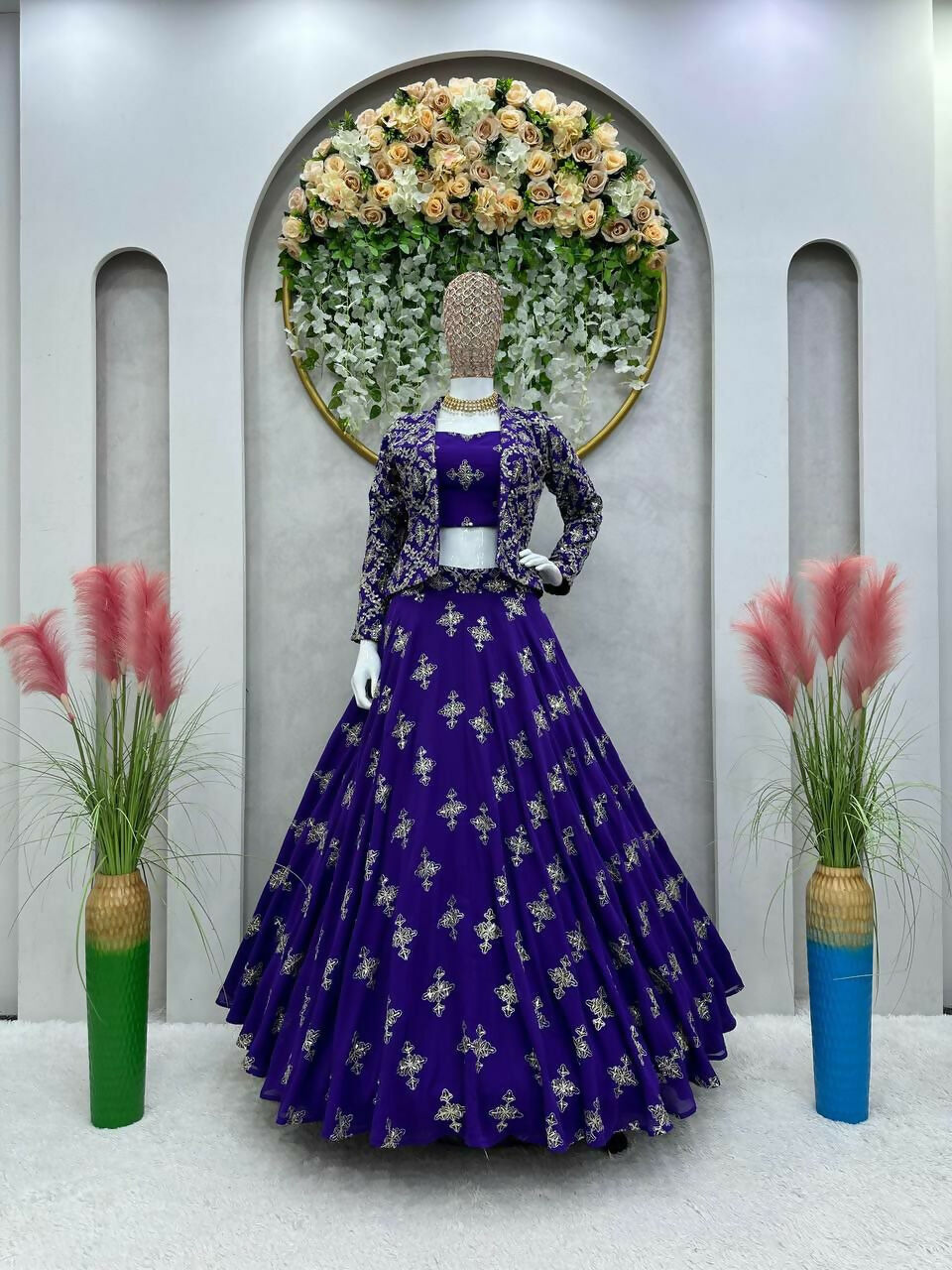 Jyoti Fashion Women's Royal Blue Faux Georgette Sequins with Thread Embroidered Designer Lehenga Choli with Jacket Set
