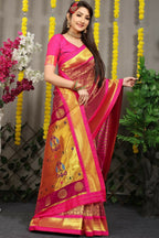 Jyoti Fashion Women's Magenta Banarasi Silk Zari Woven Saree with Blouse