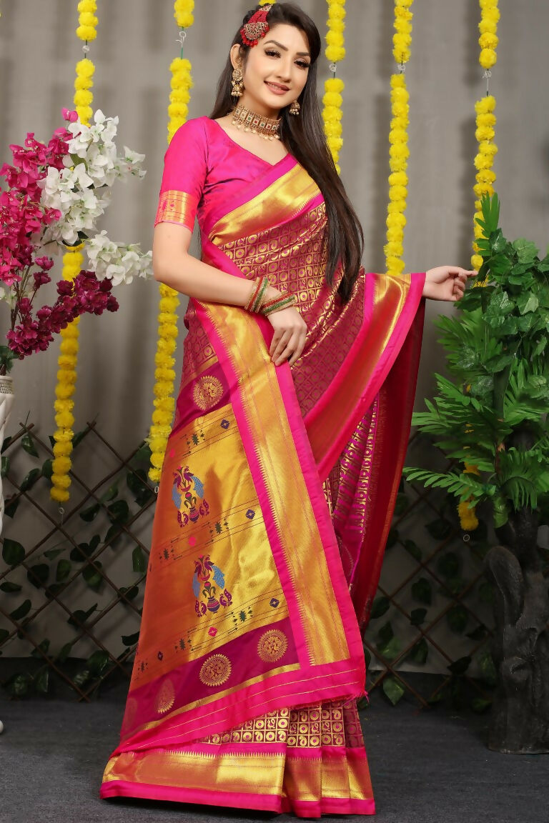 Jyoti Fashion Women's Magenta Banarasi Silk Zari Woven Saree with Blouse