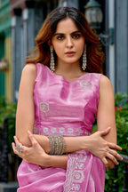 Vastranavya Baby Pink Embroidery Work Shimmer Chiffon Saree with Unstitched Blouse - Distacart