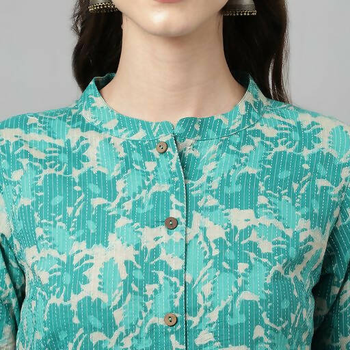FIORRA Women's Floral Printed Teal Green Pure Cotton Straight Kurta