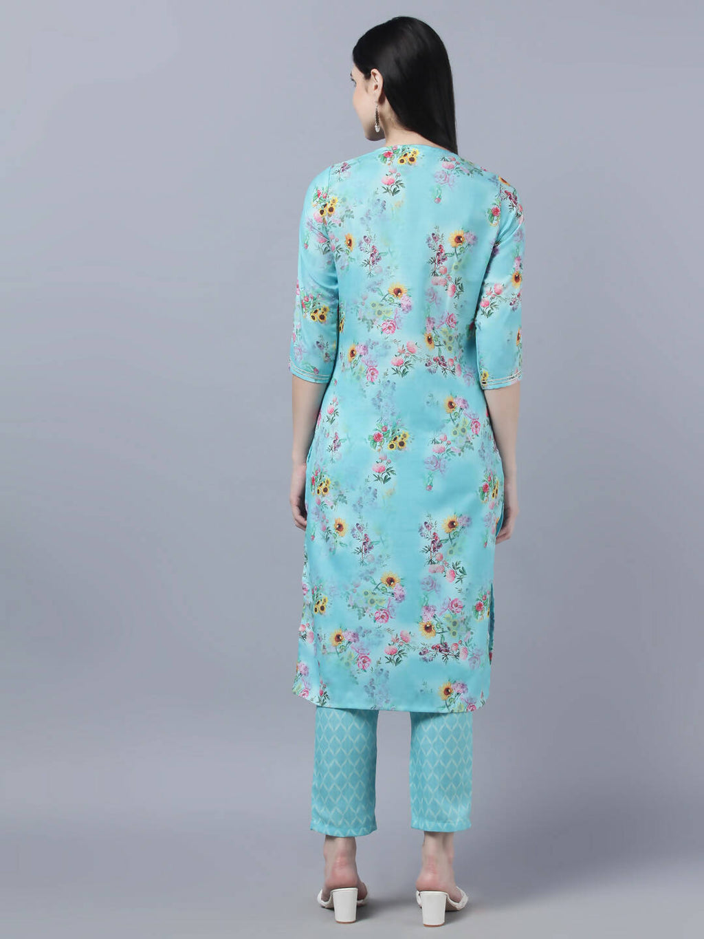 Myshka Women Blue Yellow Printed Kurta with Trousers - Distacart