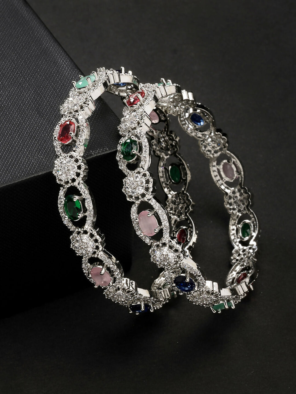 NVR Women's Set of 2 Multi-Coloured CZ Stone-Studded Handcrafted Bangles - Distacart