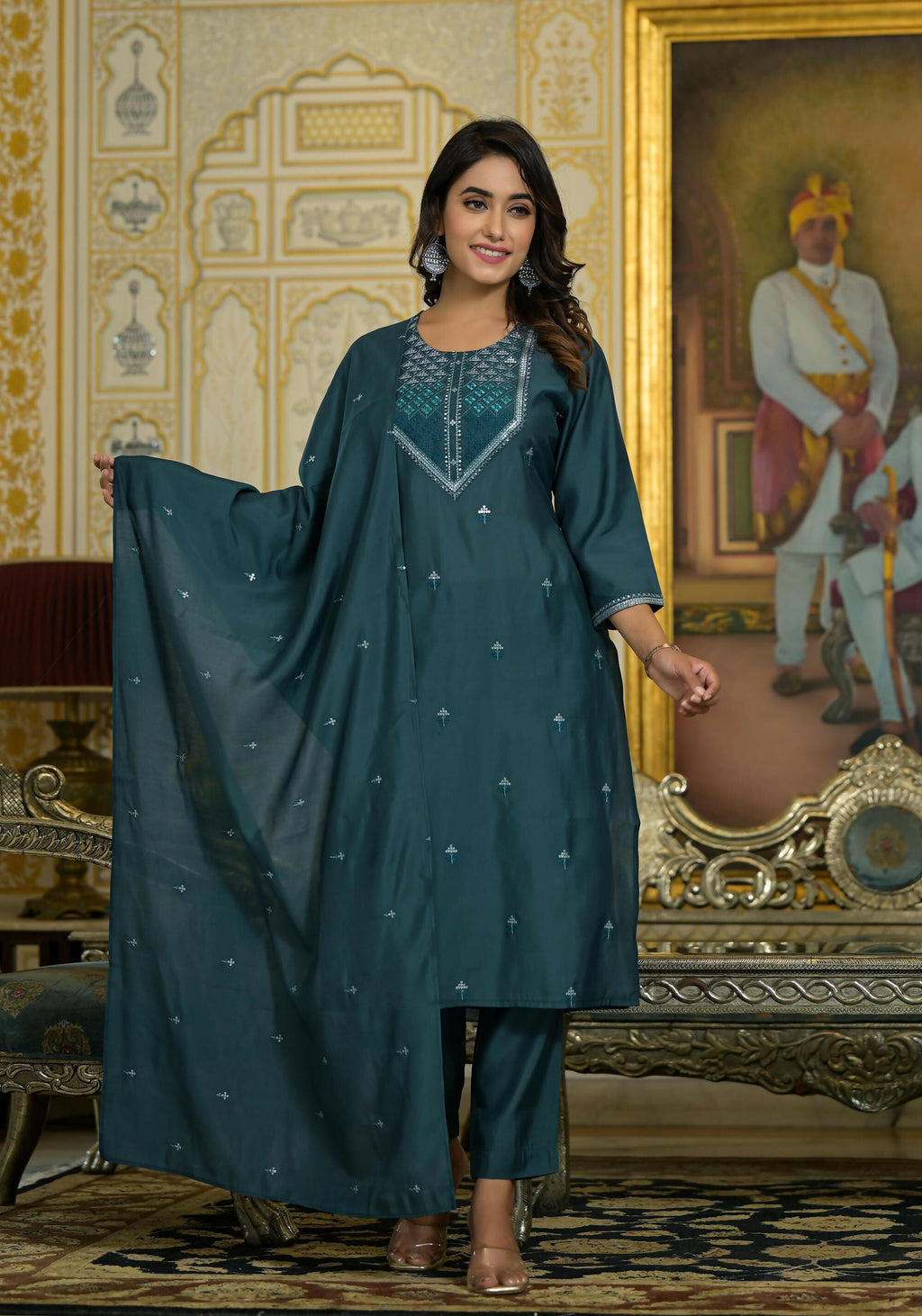 Juniper Women's Rama Green Thread Embroidered Viscose Kurta Pant And Dupatta Set With Sequins Work