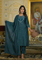Juniper Women's Rama Green Thread Embroidered Viscose Kurta Pant And Dupatta Set With Sequins Work