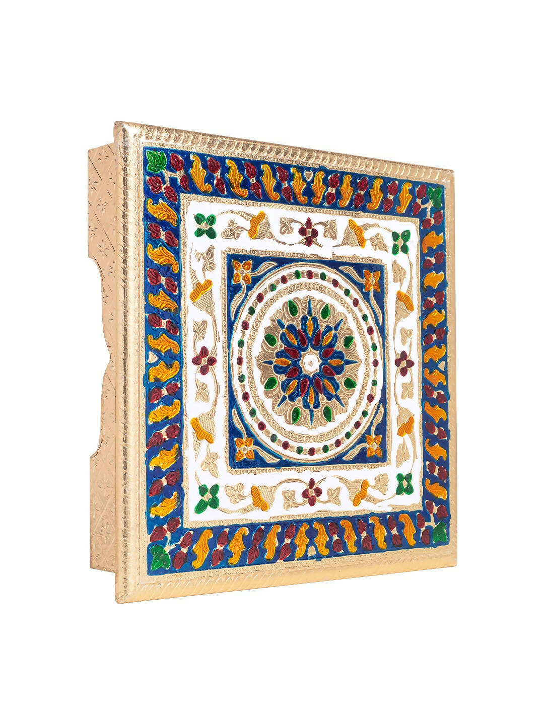 Golden Peacock Gold-Toned & Red Handcrafted Meenakari Wooden Chowki