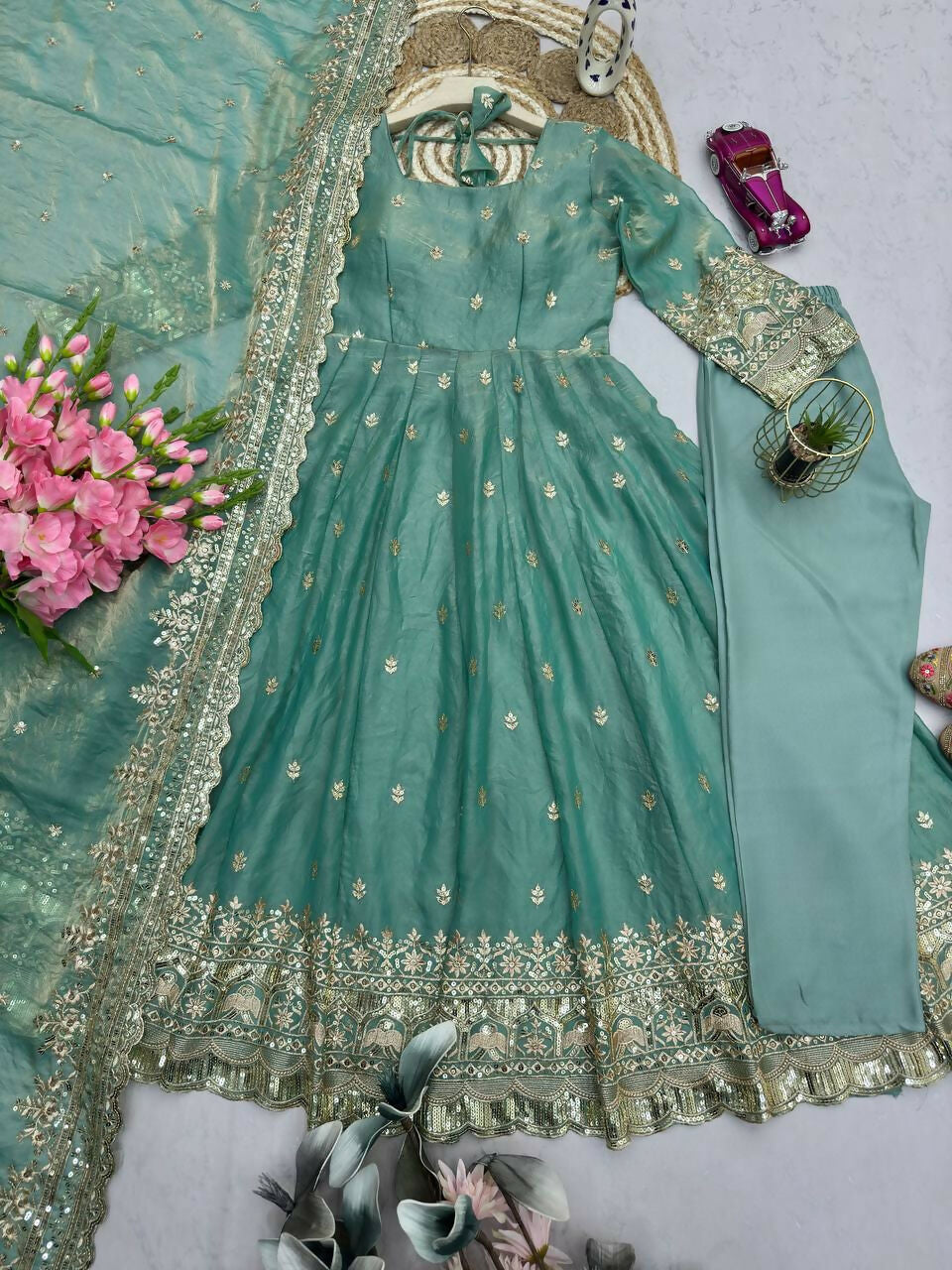 Teeya Creation Teal Fendy Silk Designer Heavy Work Wedding Wear Long Gown - Distacart