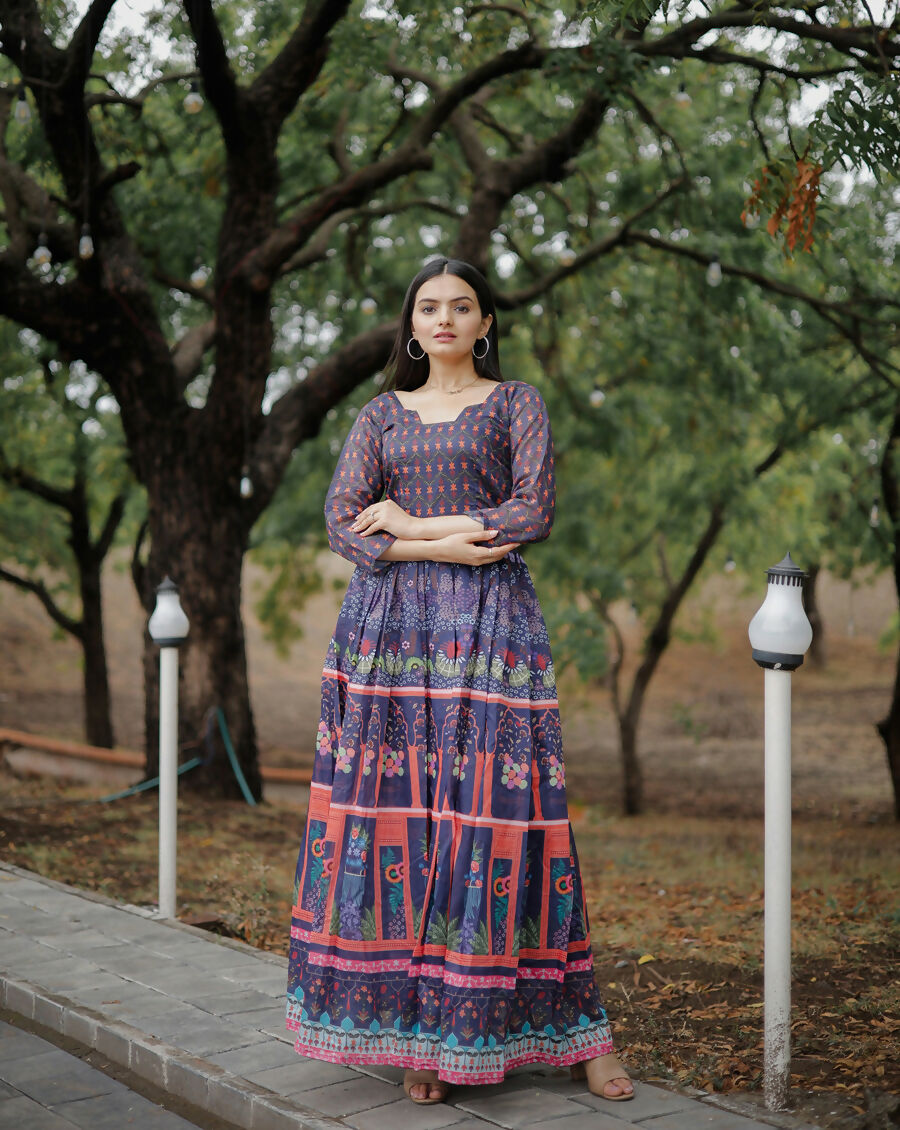 Aayaa Pure Chanderi Gown With Heavy Digital Print - Multi Color - Distacart