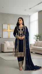 Joban Fashion Blue Kurta Set Velvet Embroidery Sequence Work - Distacart