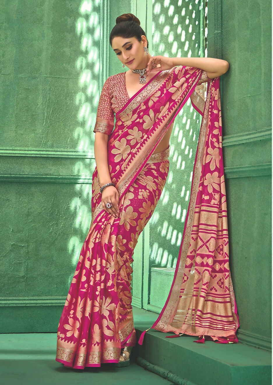Joban Fashion Pinkdull Moss Brasso With Kasab Zari Border Saree & Tassels With Brasso Blouse - Distacart