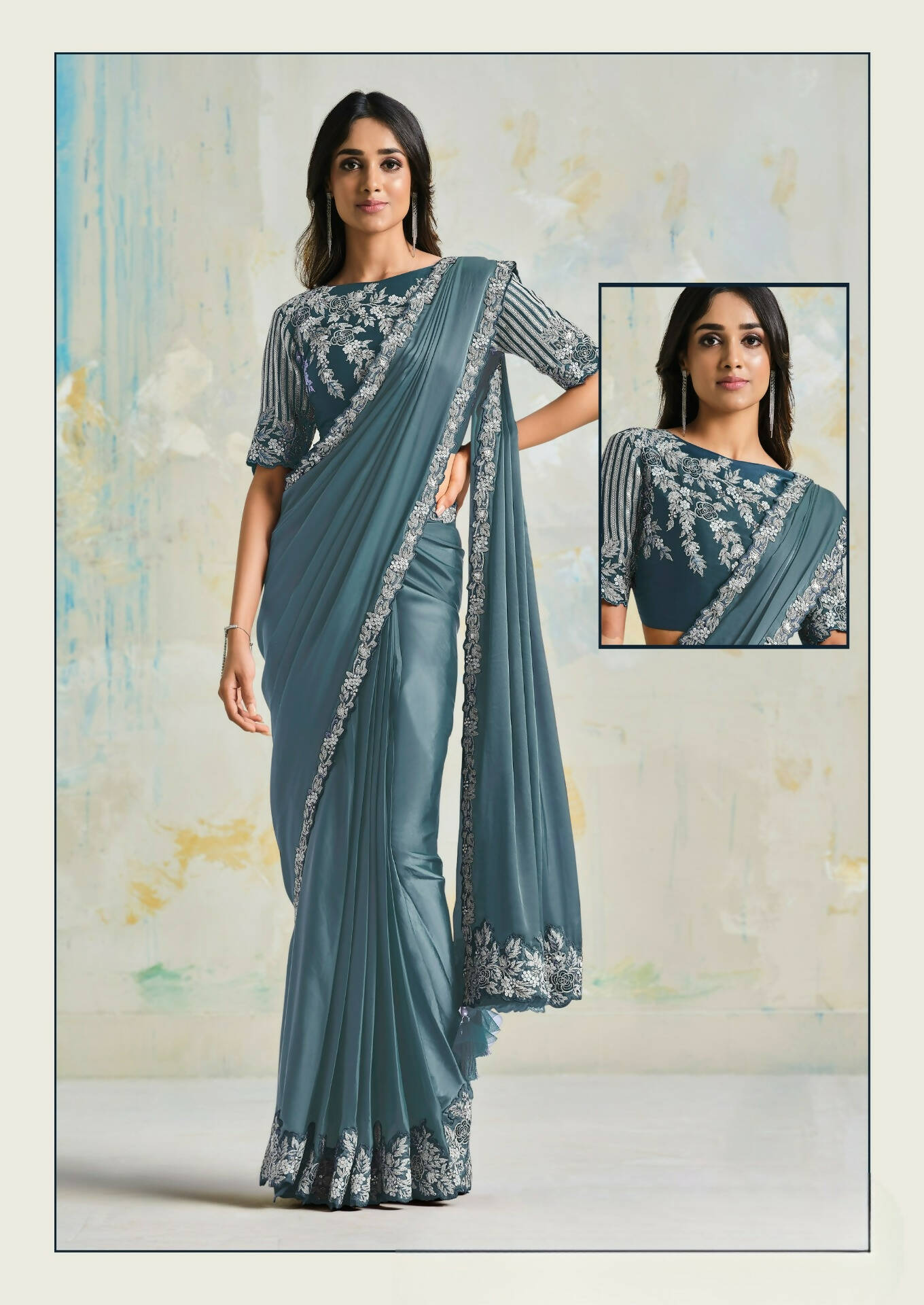 Satin Silk Crepe Saree With Stitched Blouse - Mohmanthan Royal