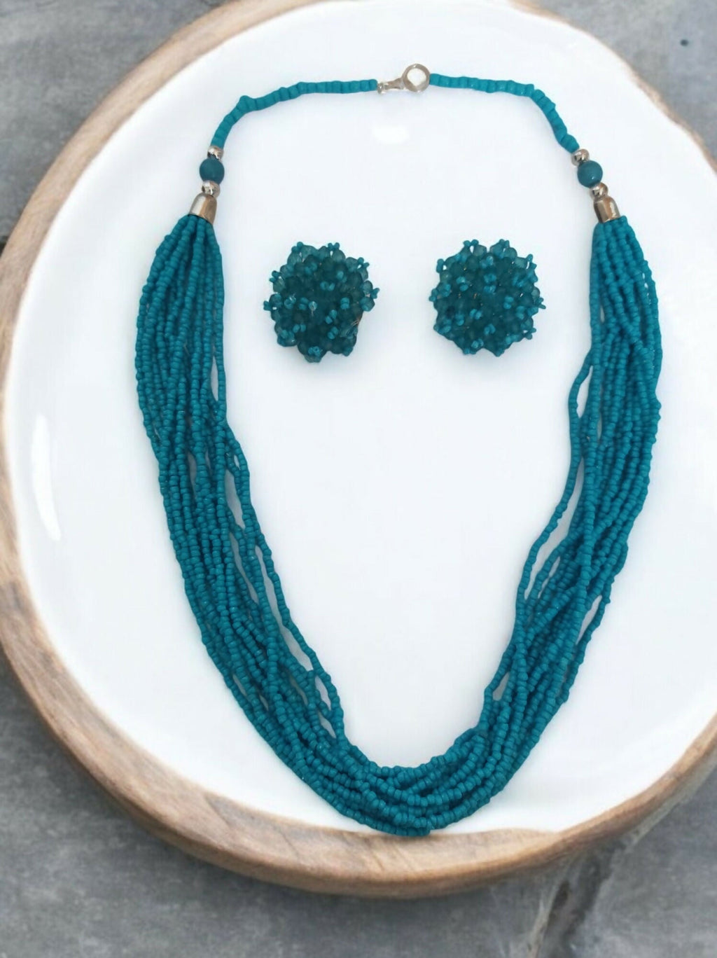 Inhanns Bloom Handmade Beaded Necklace With Earrings - 12 Layers - Skey Blue Necklace Set